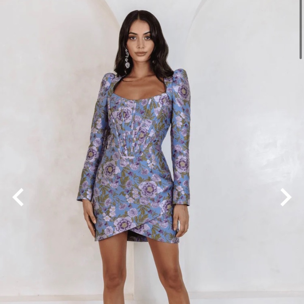 lennon jaquard corset wrap mini dress in blue purple